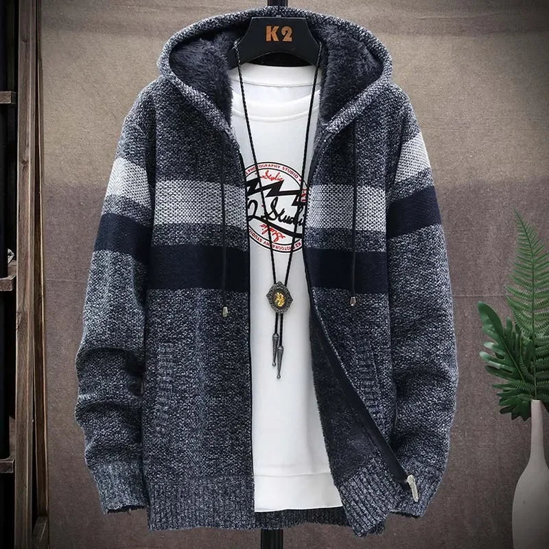 Striped Mens Sweater Coat Thick Fleece Warm Zipper Wool Hooded Cardigan Jumpers Men Long Sleeve Knitted Sweaters Suit Jackets