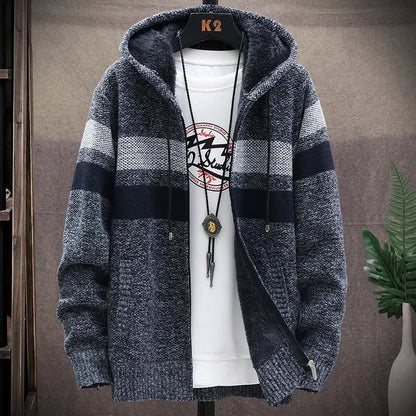 Striped Mens Sweater Coat Thick Fleece Warm Zipper Wool Hooded Cardigan Jumpers Men Long Sleeve Knitted Sweaters Suit Jackets