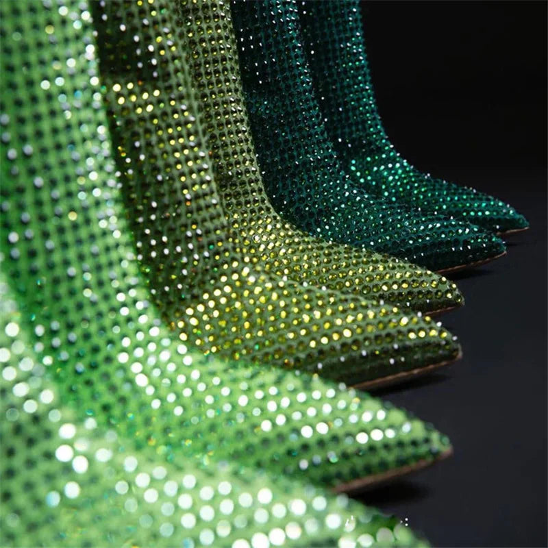 Women Rhinestone Knee High Boots Sexy Lady Pinted Toe Thin Heel Long Boots Woman's Slip-On High Heels Botas Mujer Invierno 2025