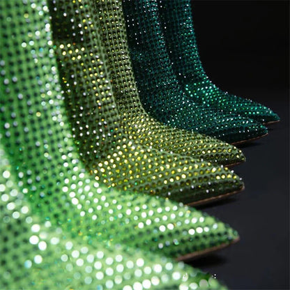 Women Rhinestone Knee High Boots Sexy Lady Pinted Toe Thin Heel Long Boots Woman's Slip-On High Heels Botas Mujer Invierno 2025