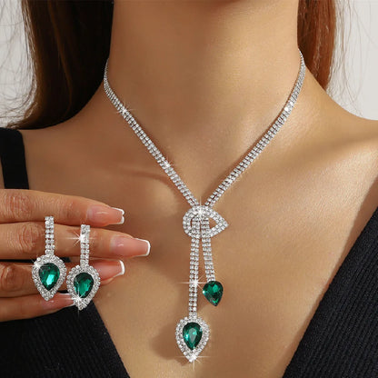 FYUAN Women's Crystal Jewelry Set Sapphire Blue Silver Color Water Drop Necklace Earrings Wedding Party Festival Wear