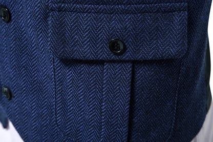New Men's Retro Lapel Vest Herringbone Coarse Tweed Pockets Suit Vest British Casual Vintage Gentleman Leisure Party Bar Banquet