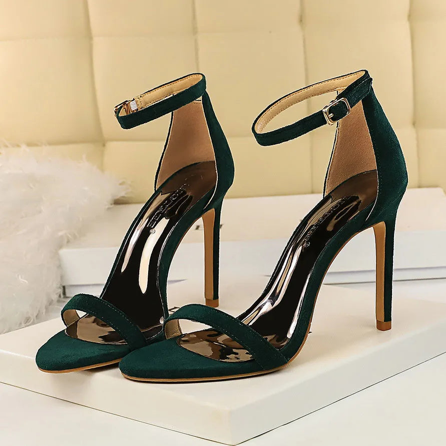 Women 10cm High Heels Flock Stripper Sandals Female Fetish Strappy Red Shoes Lady Valentine Green Summer Classic Sexy Pumps