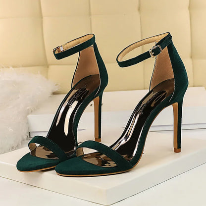 Women 10cm High Heels Flock Stripper Sandals Female Fetish Strappy Red Shoes Lady Valentine Green Summer Classic Sexy Pumps