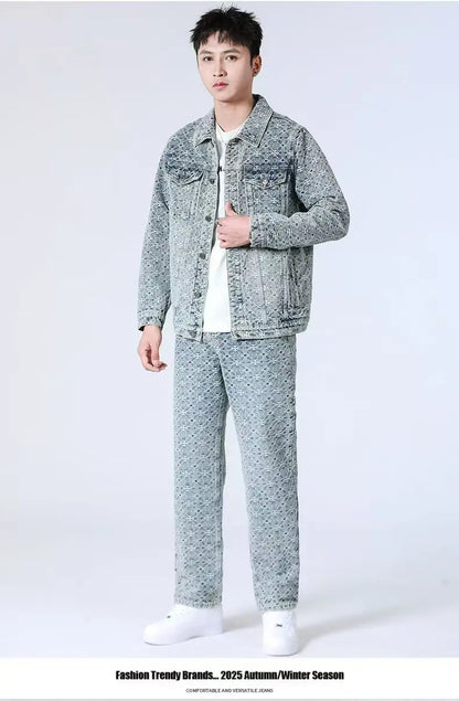 High Street Denim Sets Men's Jacquard Ragged Loose Casual Retro Washed Denim Shirt Style Jacket Jeans Pants
