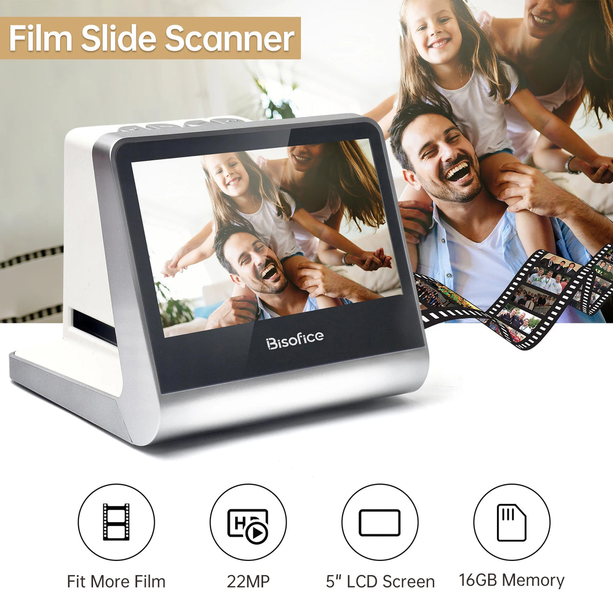 Bisofice Film and Slide Scanner 5'' LCD Screen for 135 Film/126KPK /110 Film/Super8/ Monochrome/Slide to Digital JPEG Photos