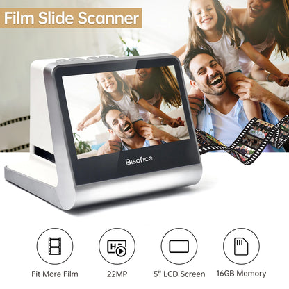 Bisofice Film and Slide Scanner 5'' LCD Screen for 135 Film/126KPK /110 Film/Super8/ Monochrome/Slide to Digital JPEG Photos