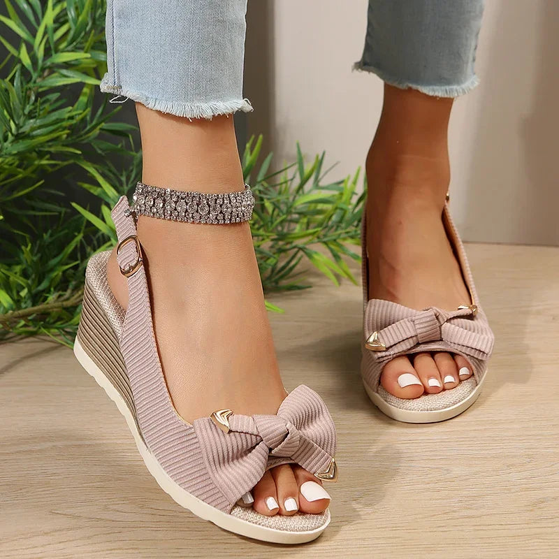 Fashion Bow Knot Thick Bottom Sandals Women Back Strap Wedge Open Toe Sandal Female New Office Ladies Anti-Slip Sandalias Mujer