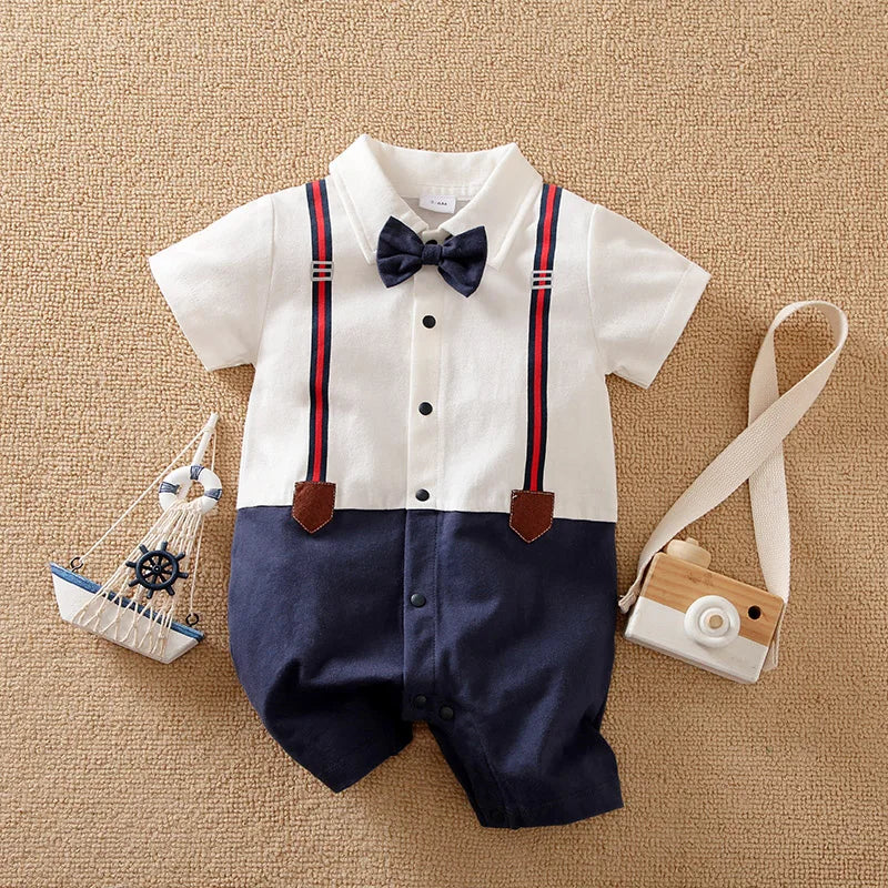 Newborn baby summer gentleman's short-sleeved cotton soft and comfortable one-piece suit Newborn baby summer gentleman's short-s