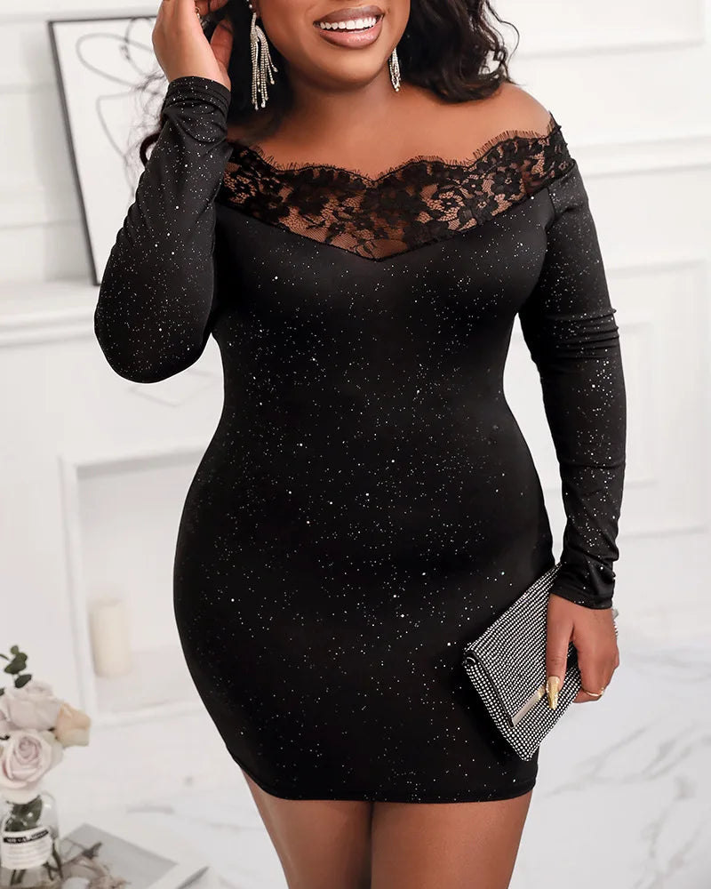 Dress Women Sexy Sheath Dresses Lace Hollow Out Sequins Sleeveless Slash Neck Full Sleeve Slim 2025 Female Party Vestidos