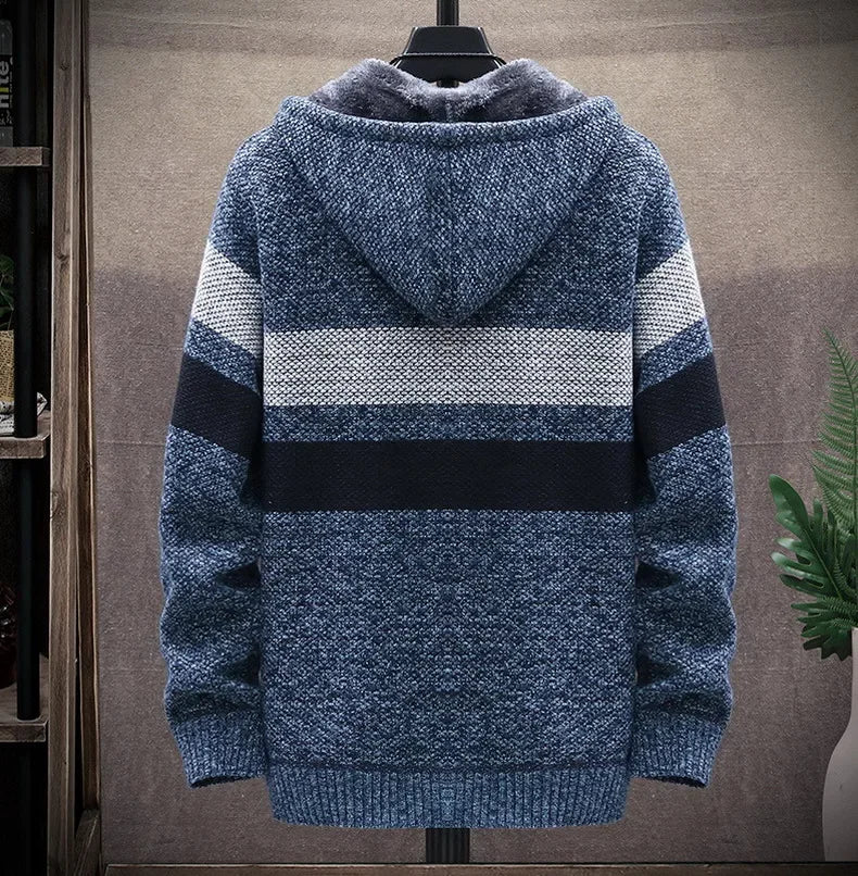 Striped Mens Sweater Coat Thick Fleece Warm Zipper Wool Hooded Cardigan Jumpers Men Long Sleeve Knitted Sweaters Suit Jackets