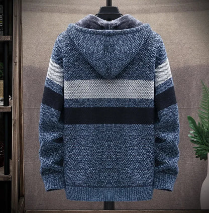 Striped Mens Sweater Coat Thick Fleece Warm Zipper Wool Hooded Cardigan Jumpers Men Long Sleeve Knitted Sweaters Suit Jackets