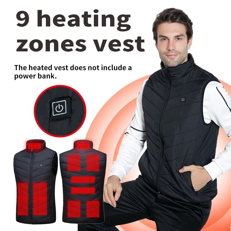Winter Men's 9-Zone Heated Vest for Cold Protection Electric Heated Vest with Heating Cotton Lining【Power supply not included】