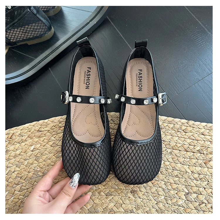 Mesh Breathable Flat Mary Jane Shoes Women Fashion Square Toe Soft Bottom Sandals Comfort Buckle Designer Ballet Shoe for Ladies