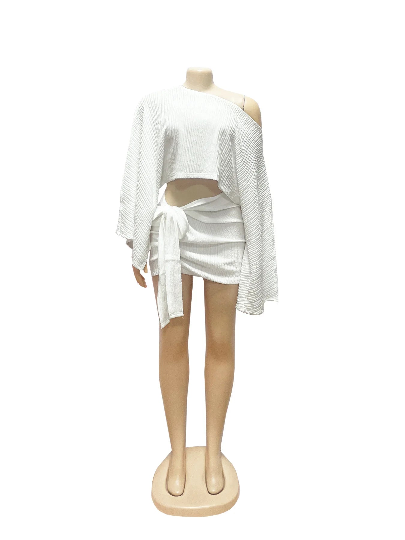 Weird Puss Sexy 2 Piece Set Women Skew Collar Loose Crop Tops+Ruched Knot Ribbon Skirt Matching Beach Vacation Party Club Suit