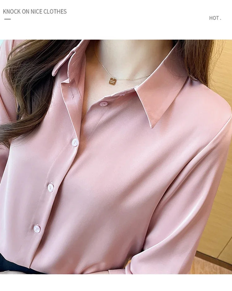 Fashion elegant satin shirts solid color ladies shirts causal Women's Blouses Spring Long Sleeve Shirts Tops Blusas Mujer