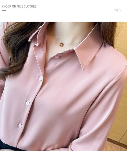 Fashion elegant satin shirts solid color ladies shirts causal Women's Blouses Spring Long Sleeve Shirts Tops Blusas Mujer