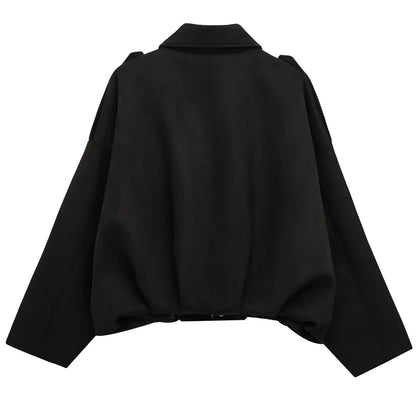 HXAO Women's Bomber Jacket Lapel Long Sleeve Zipper Suede Jacket Women 2025 High Street Cropped Racing Jackets Coats Outerwears