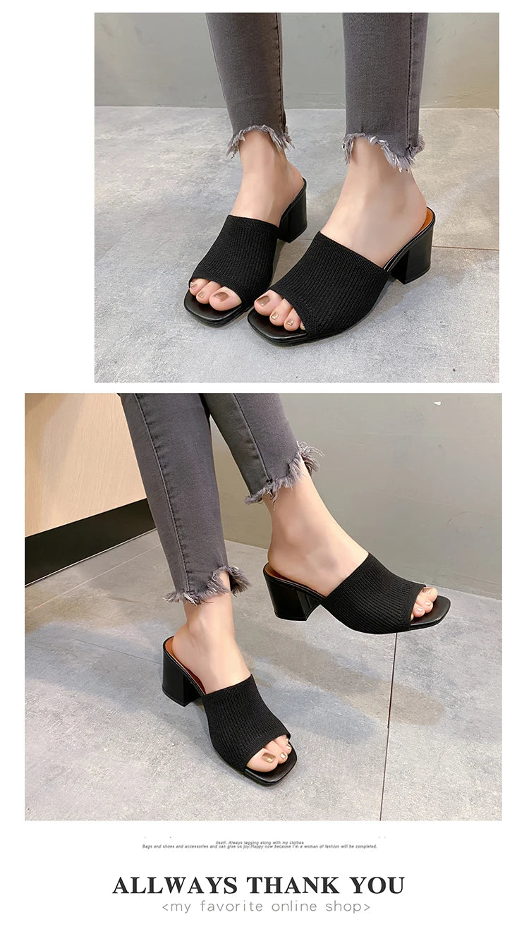 Women Sandals Slippers Luxury Summer Outdoor Casual Women Shoes Open Toe Soft High Heels Slides Black Mules Sandals Size 42