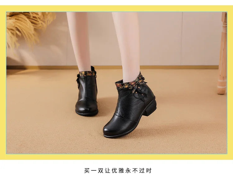 Top layer cowhide 2025 autumn and winter new retro ethnic style feature thick heel buckle splicing versatile women's short boots