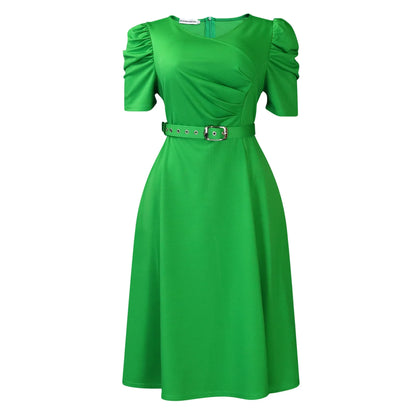 Elegant Party Dresses for Women V Neck Short Sleeve Belt Waisted Pleated Mid Calf Luxury Birthday Dinner Vestidos Mujer Dress OL