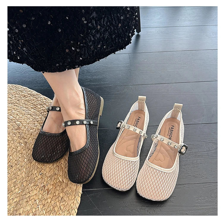 Mesh Breathable Flat Mary Jane Shoes Women Fashion Square Toe Soft Bottom Sandals Comfort Buckle Designer Ballet Shoe for Ladies