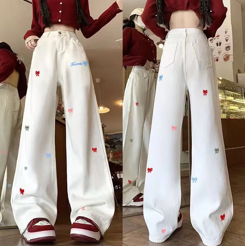 Bow Print Women's High Waist Thin Fashionable Loose Wide Leg Jeans for Spring and Summer Slim Fit High Waist Jeans for Women