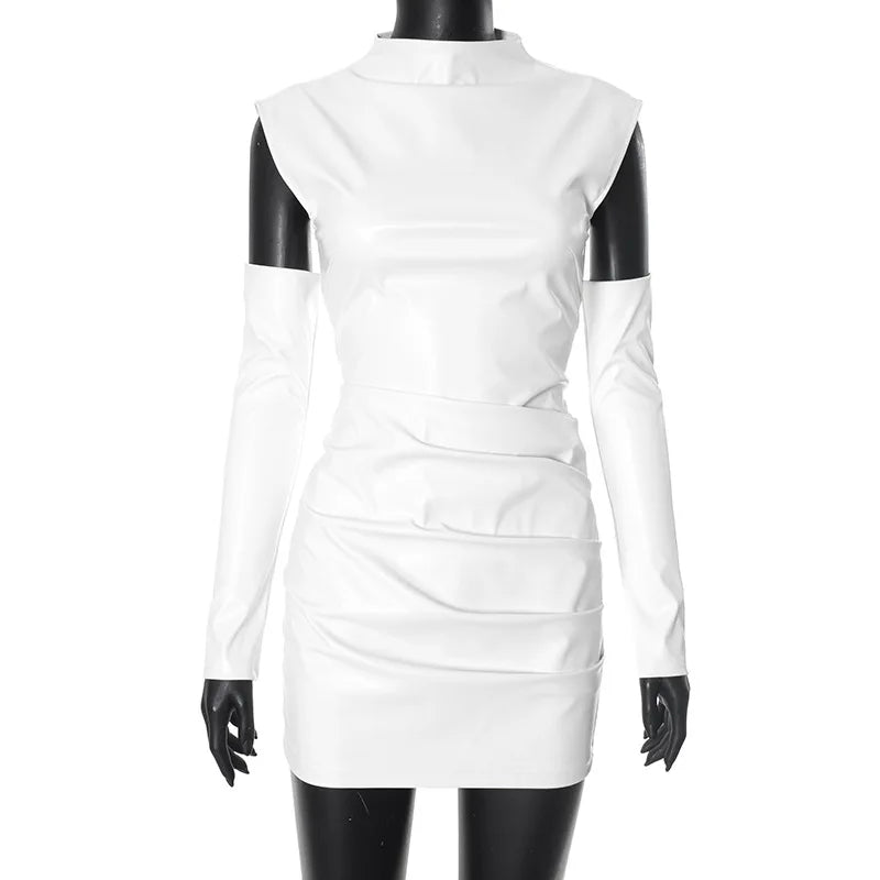 Talenza Women's Leather Vest Dress Sexy PU Leather Vest Short Dress Solid Gloves Pleated Sleeveless Street Y2k Party Club Dress