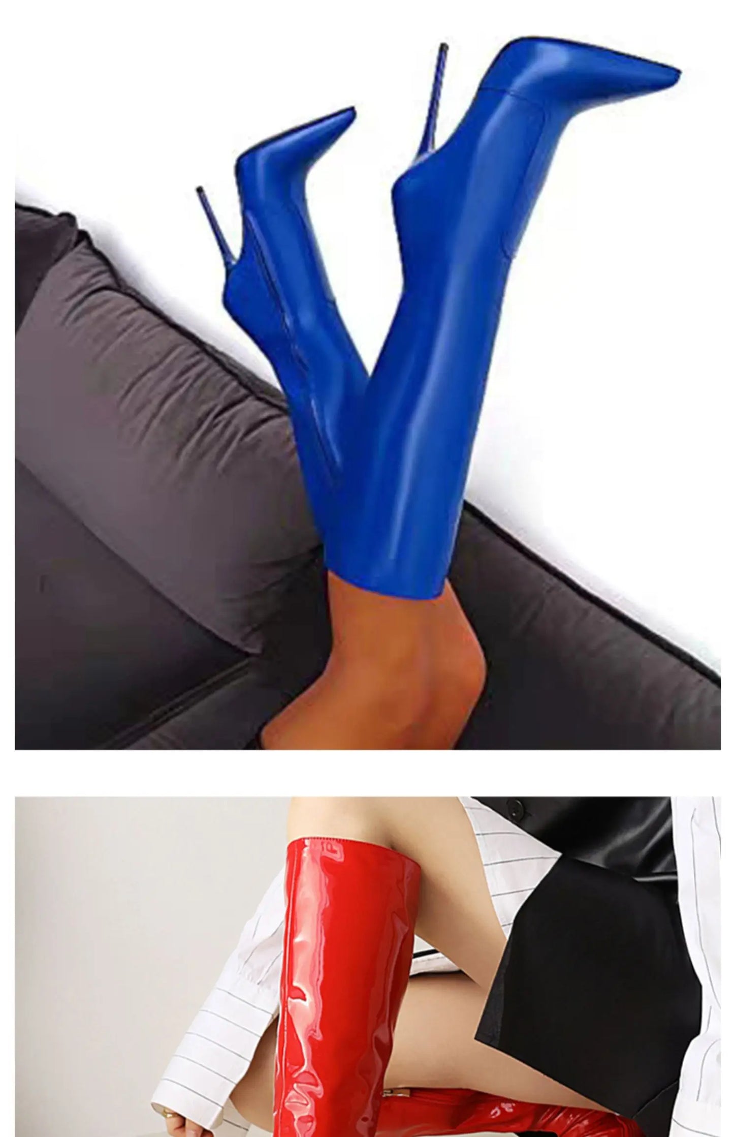 Arden Furtado Patent Leather Skinny boots Pointed toe Side zipper Super high heel Knee high boots Extra large size boots