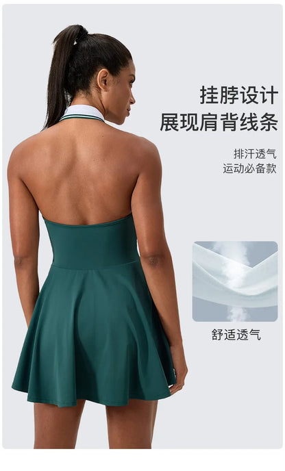 Summer Dress Vest Deep V Hanging Neck Sexy Dress for Women Contrasting Color Lapel Golf Skirt Outdoor Sports Gym Running