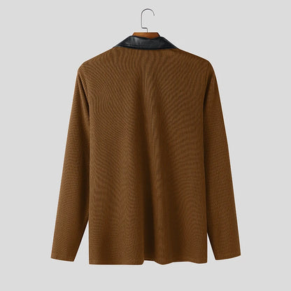 INCERUN Men Pullovers Patchwork Lapel Long Sleeve Knitted Male Sweaters Streetwear Spring Fashion Casual Thin Tops Men S-5XL