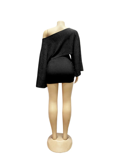 Weird Puss Sexy 2 Piece Set Women Skew Collar Loose Crop Tops+Ruched Knot Ribbon Skirt Matching Beach Vacation Party Club Suit