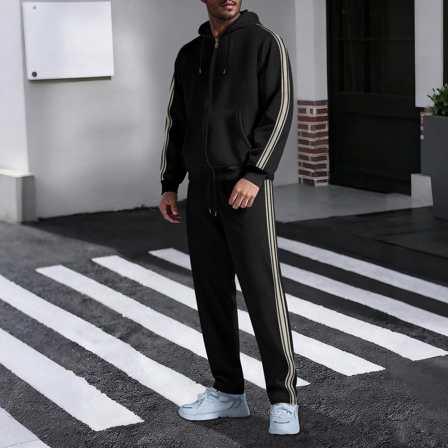 New men's outdoor sports casual hooded cardigan set - autumn fashion trend - pocket lace long-sleeved long pants two-piece set