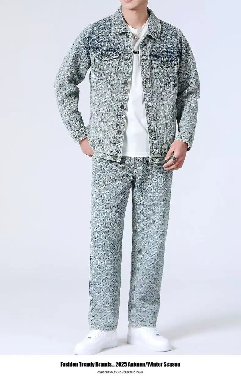 High Street Denim Sets Men's Jacquard Ragged Loose Casual Retro Washed Denim Shirt Style Jacket Jeans Pants