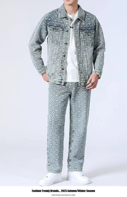 High Street Denim Sets Men's Jacquard Ragged Loose Casual Retro Washed Denim Shirt Style Jacket Jeans Pants
