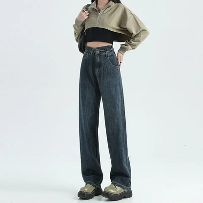 Wide Leg Pants Women Vintage Jeans High Waist Loose Fit Basics Full Length Pockets Button 2025 Casual Denims Straight Trousers