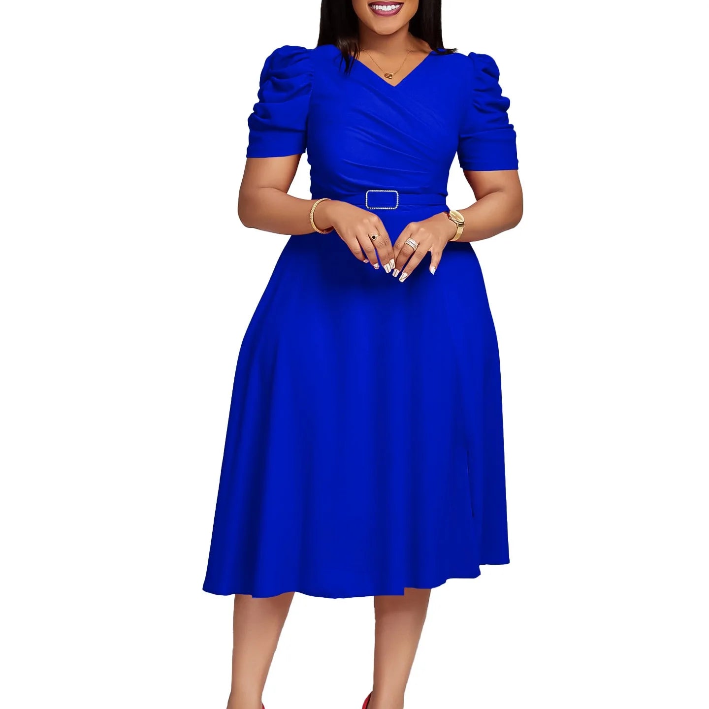 Elegant Party Dresses for Women V Neck Short Sleeve Belt Waisted Pleated Mid Calf Luxury Birthday Dinner Vestidos Mujer Dress OL