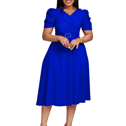 Elegant Party Dresses for Women V Neck Short Sleeve Belt Waisted Pleated Mid Calf Luxury Birthday Dinner Vestidos Mujer Dress OL
