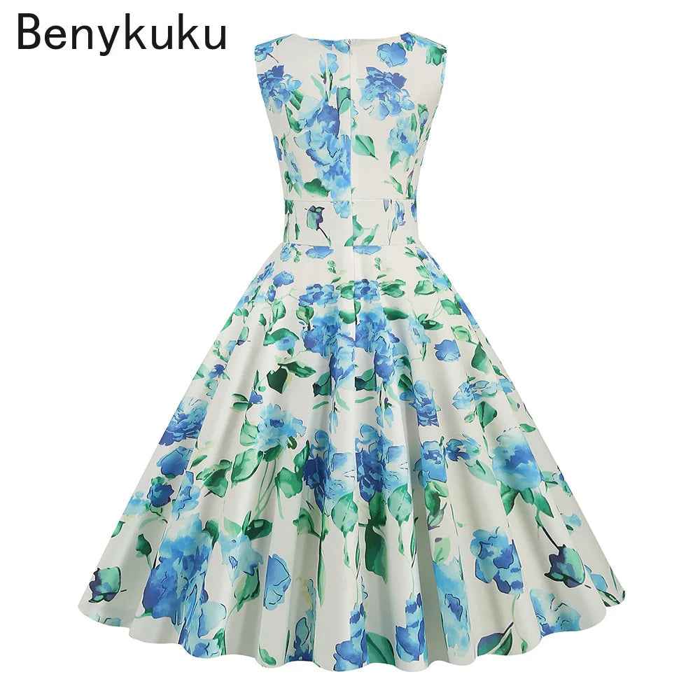 Floral Print 1950s 60s Vintage Women Dress Elegant Summer Robe Ladies Sleeveless V Neck A Line Swing Rockabilly Dresses 2025