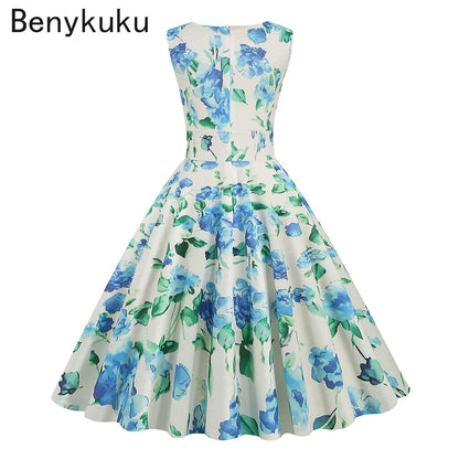 Floral Print 1950s 60s Vintage Women Dress Elegant Summer Robe Ladies Sleeveless V Neck A Line Swing Rockabilly Dresses 2025