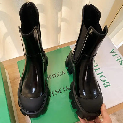 Women Motorcycle Boots Wedges Flat Shoes Woman Spring High Heel Platform Leather Combat Boots Lace Up Shoes Black Girls Platform