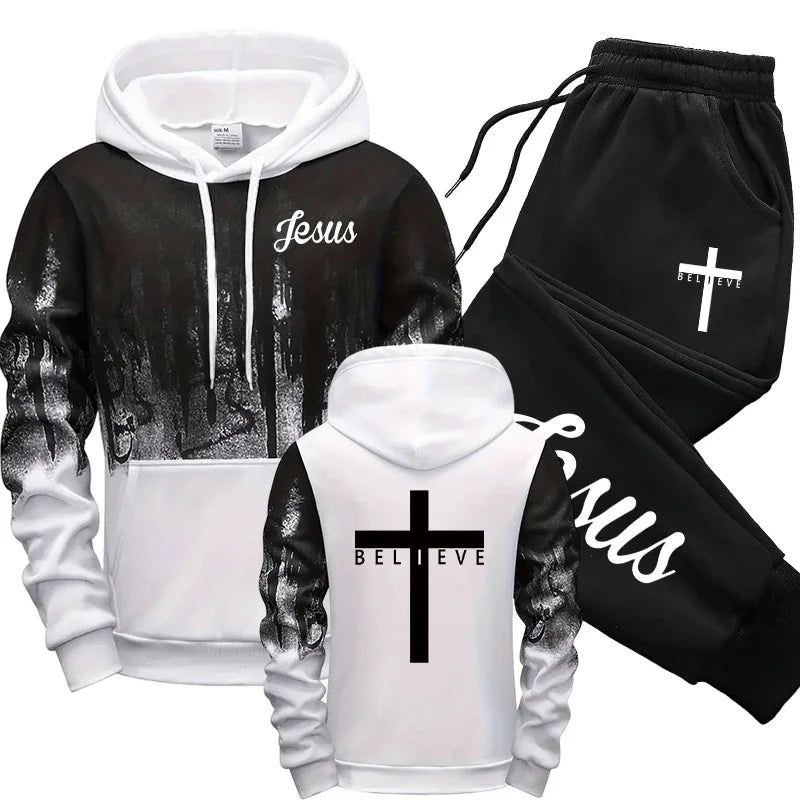 Jesus Christ Style Hoodies and Sweatpants Autumn Winter Daily Casual Sporty Jogging Suit Cross Tracksuit High Quality Men's Set