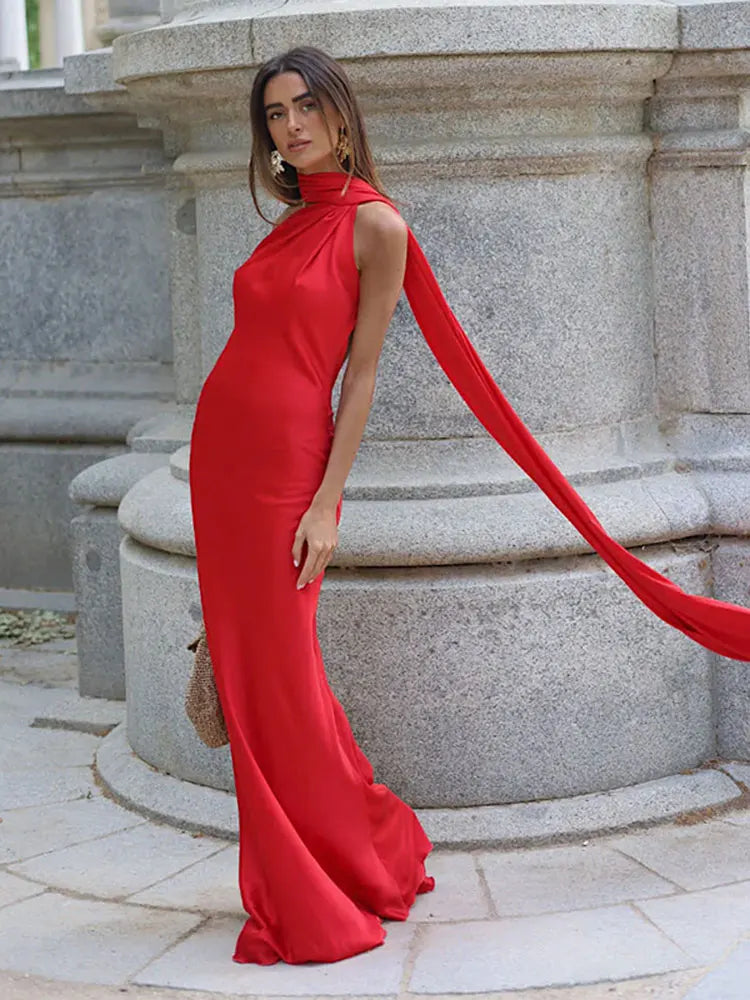 Ribbon Satin Long Party Dress Women Elegant Solid Sleeveless Female Backless Dresses 2026 Summer Autumn Lady Evening Club Gowns
