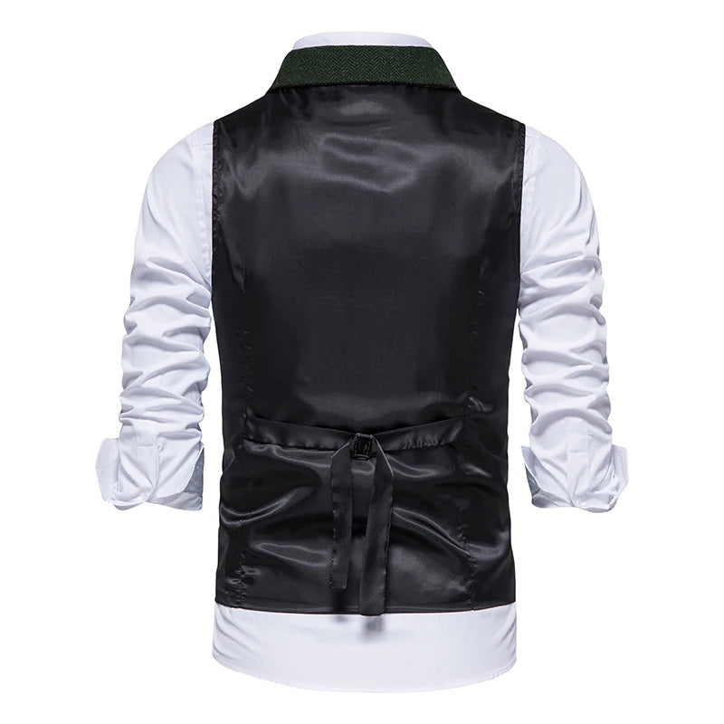 New Men's Retro Lapel Vest Herringbone Coarse Tweed Pockets Suit Vest British Casual Vintage Gentleman Leisure Party Bar Banquet