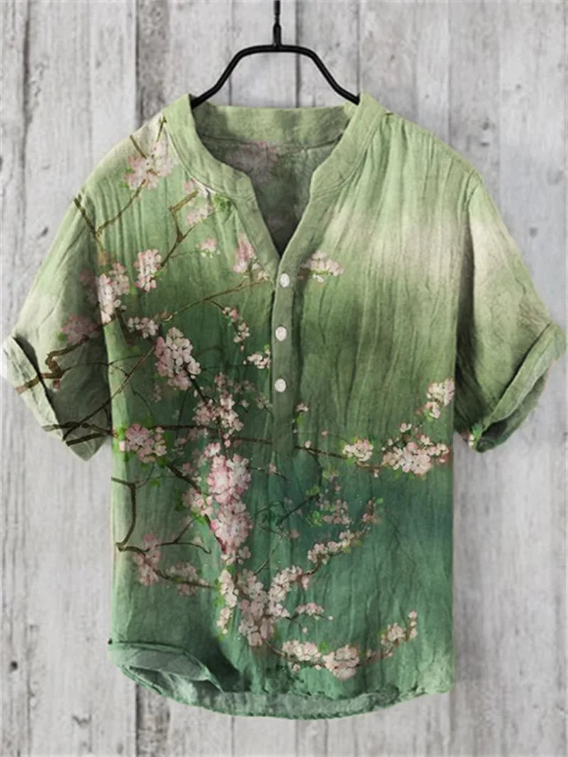 Men's linen short sleeved shirt, summer Chinese retro casual shirt