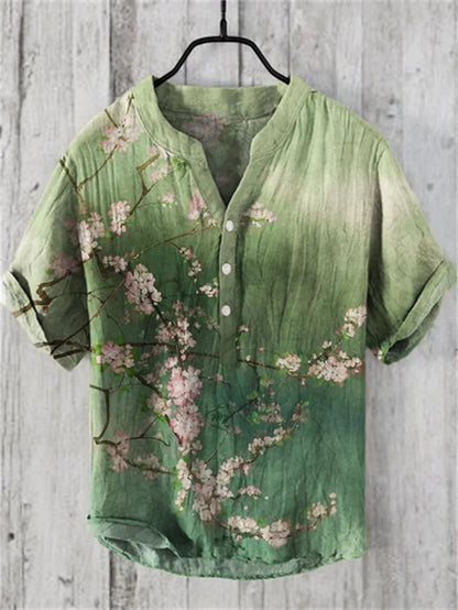 Men's linen short sleeved shirt, summer Chinese retro casual shirt
