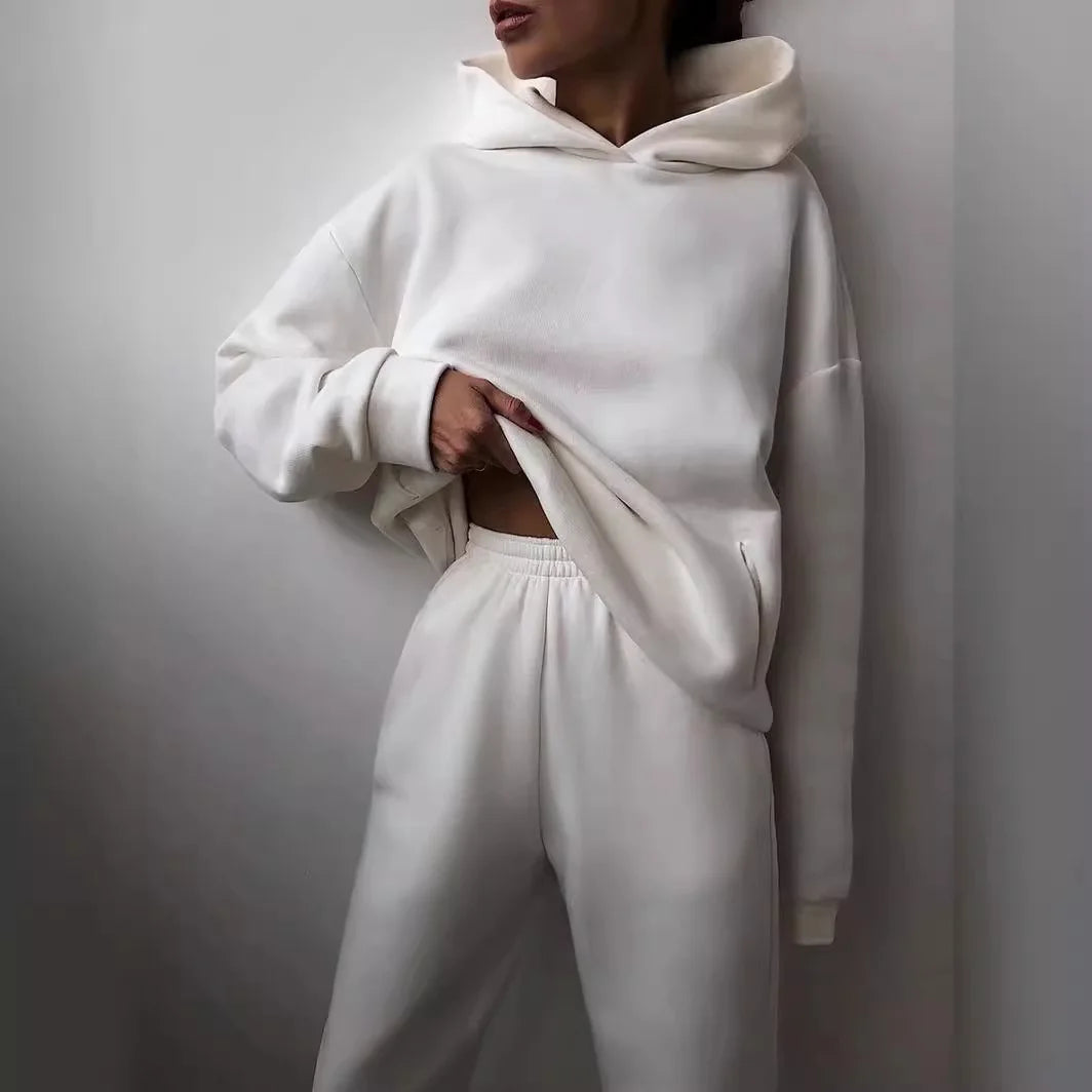 Two Piece Pant Sets Women Solid Thick Sweatshirts Hooded Full Sleeve Elastic Waist Spliced Long Pants Pockets Casual Suits