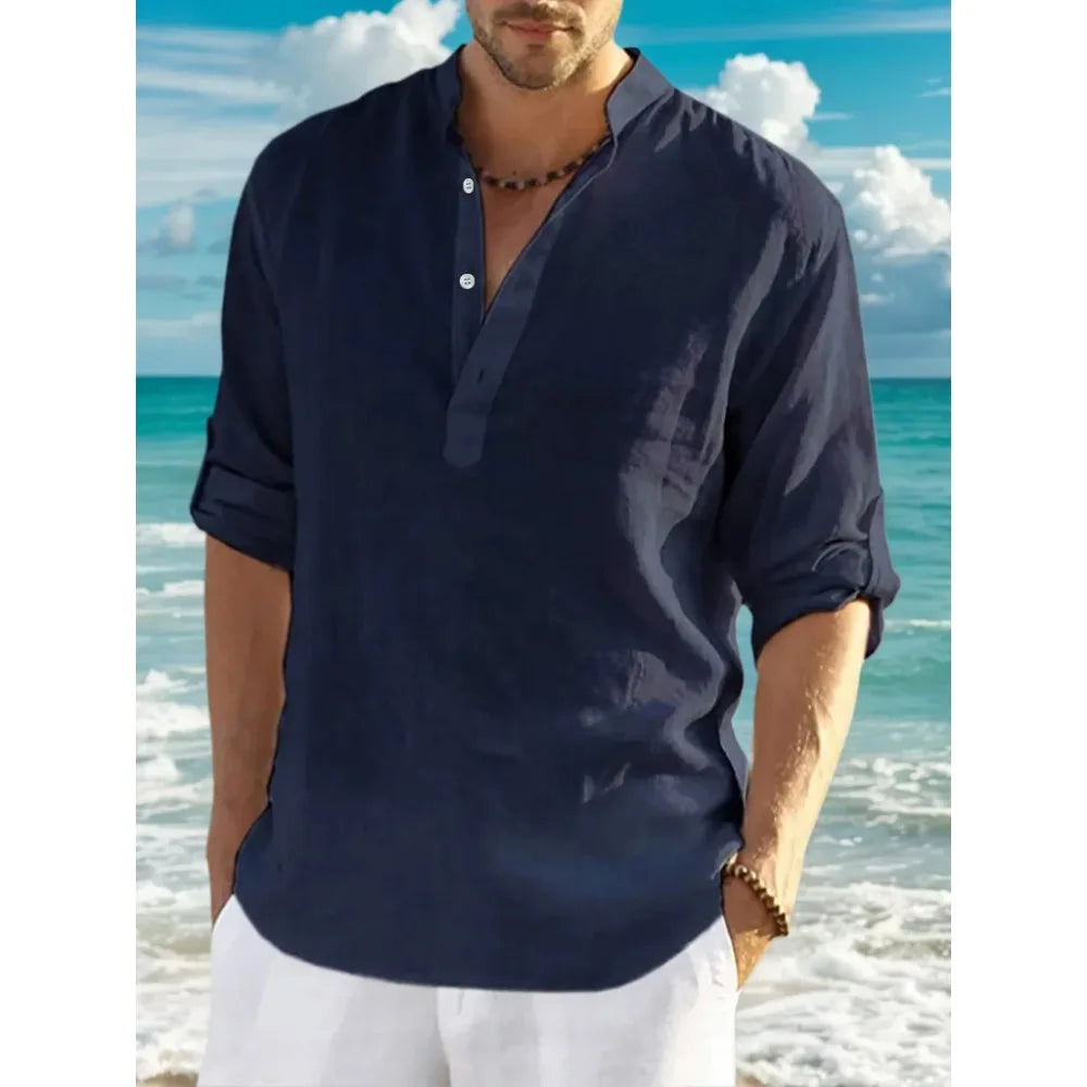 Men'sshirt Classic Casual Stand-up Collar Long-sleeved V-neck Shirt Sleeve Split-sleeved Light Breathable Beach Vacation T-shirt