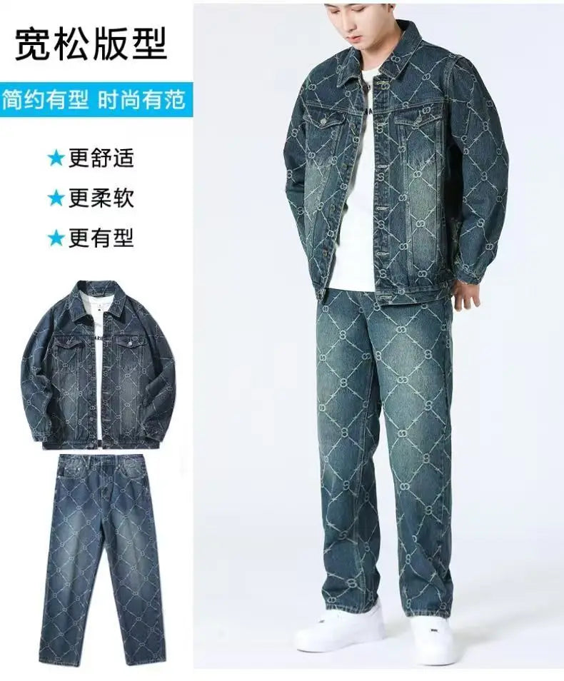 High Street Denim Sets Men's Jacquard Ragged Loose Casual Retro Washed Denim Shirt Style Jacket Jeans Pants