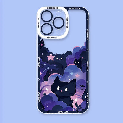 Starry Sky Black Cats Clear Phone Case For iPhone 15 14 13 11 12 16 Pro XS Max Mini XR X SE 7 8 Plus Transparent Cover Fundas